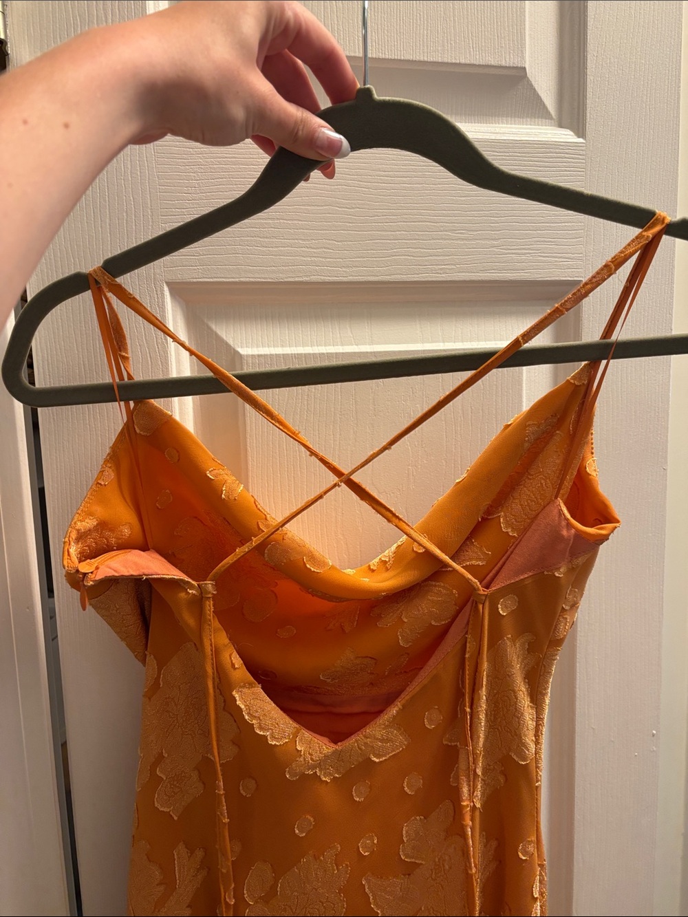 Creamsicle Orange Cowl-Neck Midi Dress with Floral Jacquard - Picture 4 of 5